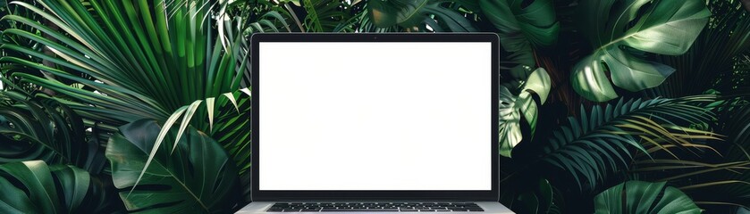 Obraz premium Laptop mockup with blanks screen on the tropical summer background