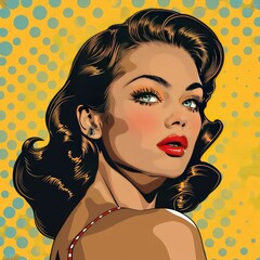 Retro illustration of a beautiful woman with flowing hair, wearing red lipstick and pearl earrings against a yellow background with polka dots.