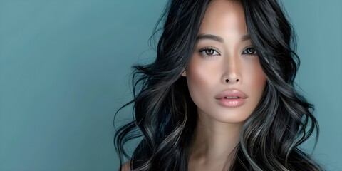 Naklejka premium The Allure of an Asian Woman with Long, Glossy, Wavy Black Hair. Concept Asian Beauty, Long Hair, Glossy Hair, Wavy Hair, Black Hair