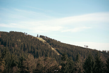 Ski slope in summer. Trail for skiers and snowboarders in off-season in summer