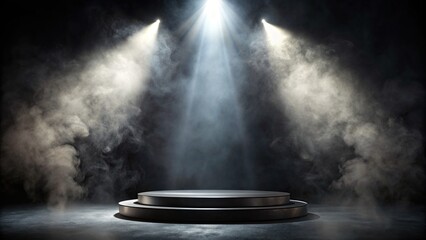 Dark podium on a smoky black background with a spotlight shining down, creating a dramatic and abstract stage setting 