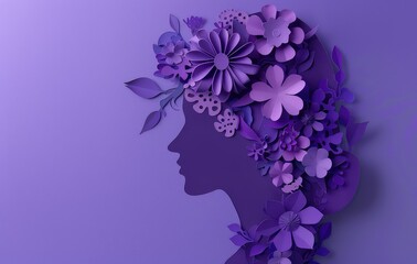 Surreal purple paper flowers and leaves in the shape of a woman's head on purple background.