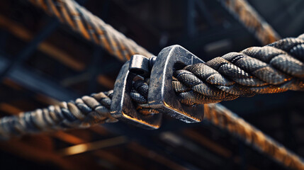 The view of a boxing ring rope connector, focusing on the metal clasp and rope texture under a high contrast light, symbolizing strength and resilience.