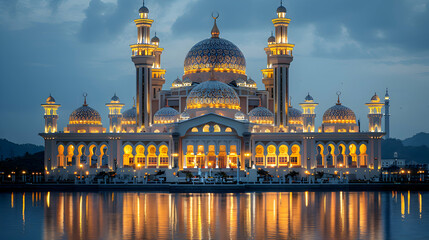 Obraz premium A majestic mosque illuminated at night during Eid-al-Adha, surrounded by worshippers and festive lights