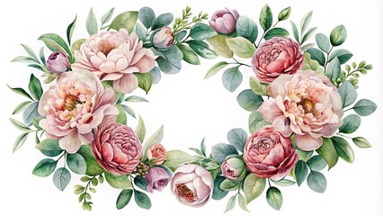 Dusty rose and blush peony watercolor wreath with eucalyptus greenery 