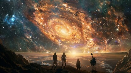 Four figures, including a robot, gaze at a spectacular swirling galaxy and various celestial bodies as the sun sets over a rocky landscape.