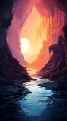 Scenic canyon with a glowing sunset reflecting on the water, surrounded by towering rocky cliffs and ethereal atmosphere.