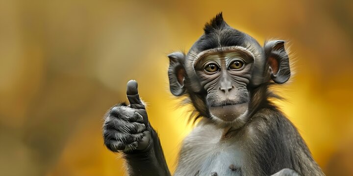 Happy monkey giving thumbs up closeup with yellow background and copy space. Concept Animal Photography, Positive Expressions, Wildlife Portraits, Thumbs Up Gestures, Copy Space in Images