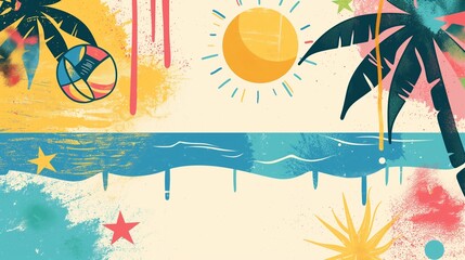 Illustration of a wide summer sale template banner with colorful elements. Style of a child's drawing of a tropical island with palm trees, sea waves, sun and beach volleyball ball.