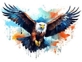 Colorful watercolor painting of an eagle in flight with splashes of orange and blue creating a dynamic, artistic background.