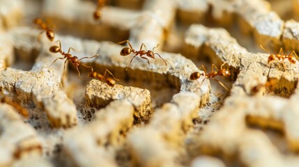 A group of ants are walking on a rocky surface with letters