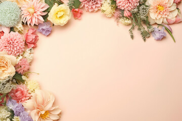 Frame from natural flowers of roses, chrysanthemums, dahlias, eustoma, lilies, hydrangeas top view