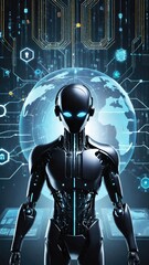 Artificial intelligence bitcoin robot, crypto currency, cyber security, financial futuristic digital technology concept image.
