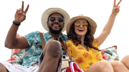 Two diverse friends on a beach vacation with vintage camera, beach bag, and travel pillow, summer concept, on white background, 