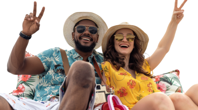Two diverse friends on a beach vacation with vintage camera, beach bag, and travel pillow, summer concept, on white background,  - Powered by Adobe