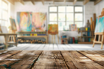 A wooden table in the foreground with a blurred background of an art studio. The background includes easels with canvases, paintbrushes, palettes, colorful paintings on the walls, and shelves