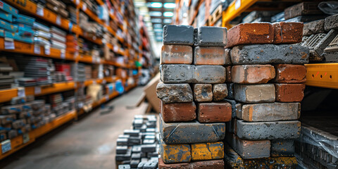 Stacks of bricks for sale in a hardware store warehouse.
