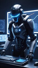Artificial intelligence bitcoin robot, crypto currency, cyber security, financial futuristic digital technology concept image.