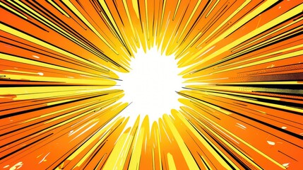 Fototapeta premium A digital illustration of a comic book style radial background. The background is yellow and orange, with white lines radiating out from the center.