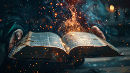 Enchanted Spellbook Glowing with Cosmic Energy in the Starry Night Sky - A mystical and otherworldly scene of an ancient,weathered book emitting a captivating,ethereal light,set against a backdrop of 