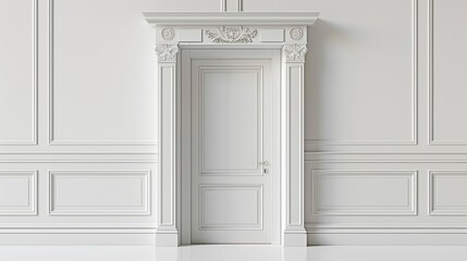 A white door with a white frame and pillars