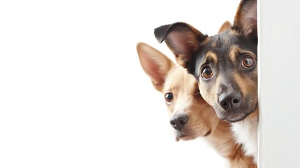 Two dogs peeking out behind a white wall on a white background. Free space for product placement or advertising text.