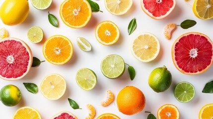 Fresh citrus fruits such as oranges, lemons, limes, and grapefruits sliced and arranged on a white background with green leaves.