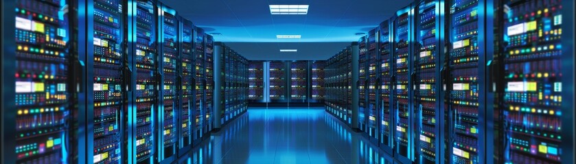 Futuristic data center with rows of illuminated server racks. High-tech computing environment with advanced networking equipment.