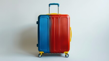 Three suitcases of different colors, blue, yellow and red