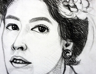 Obraz premium professional artist hand drawn sketch creative line drawing girl face light and shadow and lady face structure skill draw line fragment of artwork school of art studying academy of art