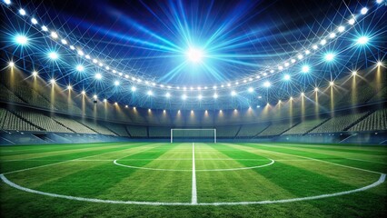 Illuminated soccer pitch with bright lights shining down