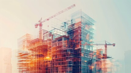 Color Illustration digital building construction engineering with double exposure abstract graphic design