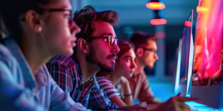 Mixed team of software engineers brainstorming ideas. Diverse app developers collaborating as a group