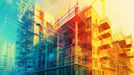 Color Illustration digital building construction engineering with double exposure abstract graphic design