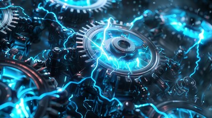 Obraz premium High-tech mechanical gears with blue electric currents showcasing technology advancement. Intricate detail of gears in motion with electrical sparks.
