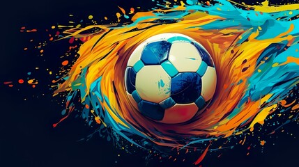 Abstract background with soccer ball flying in colourful splashing paints with drops. Football graffiti with sphere in vibrant fluid explosion. Header illustration for banner design. Generative AI.