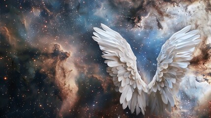 Majestic white angel wings set against a breathtaking celestial universe backdrop, depicting ethereal beauty, spirituality, and cosmic wonder.