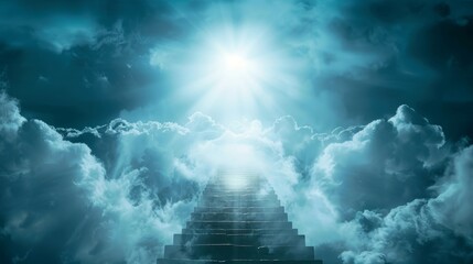 Majestic stairway leading into the clouds with a radiant light emanating from above, evoking a sense of journey and spirituality.