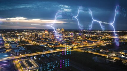 Dynamic digital data overlays enhance cityscape's lights at dusk, visualizing analytics and information processing. A futuristic urban scene with technology and innovation - Powered by Adobe