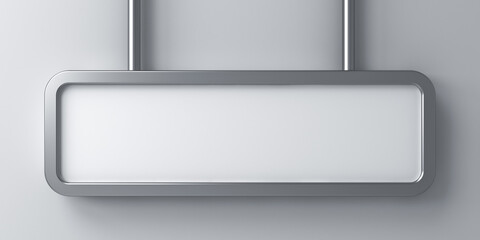 Blank hanging long white clean signboard or blank white advertising sign banner with metal frame isolated on dark white wall background with shadow 3D rendering