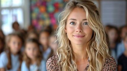 Blonde Teacher Smiling with Diverse Elementary Students in Background