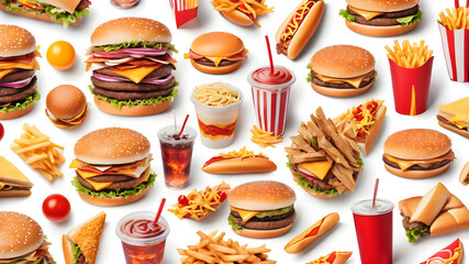 Fast food on white background, Generative AI