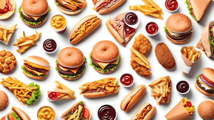 Fast food on white background, Generative AI