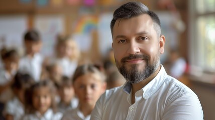 Obraz premium Confident Bearded Teacher Smiling with Young Students in Background