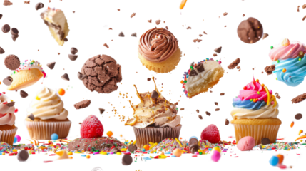 Dessert falling, candies, sweeties , on white background