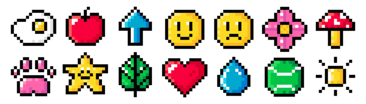 Pixel art set with cute objects isolated on a white background. Vector 8bit pixel illustration of scrambled eggs, emoji, mushroom, flower, apple, arrow, heart, sun, drop of water, star.