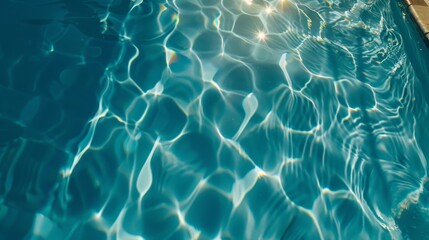 Obraz premium Sunlight reflecting off the rippling surface of a clear blue swimming pool, creating a mesmerizing pattern of light and water.