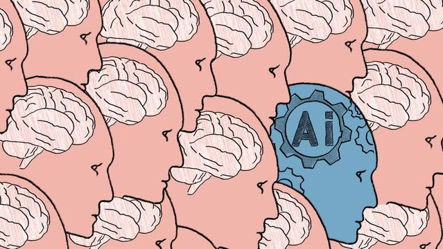 A many of human heads with visible brains line up in uniformity, with one head colored differently, featuring a gear and the letters AI, highlighting the integration of artificial intelligence.