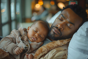 Black man father sleeping with daughter or son child. Caring father hugs his baby tenderly. Father's Day or Children's Day concept