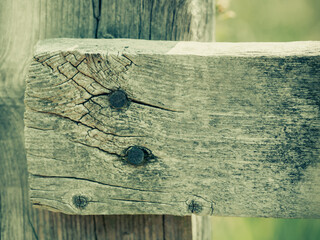 Close-up of an aged wooden fence with visible weathering and cracks, showcasing the rustic charm of natural textures and outdoor elements.